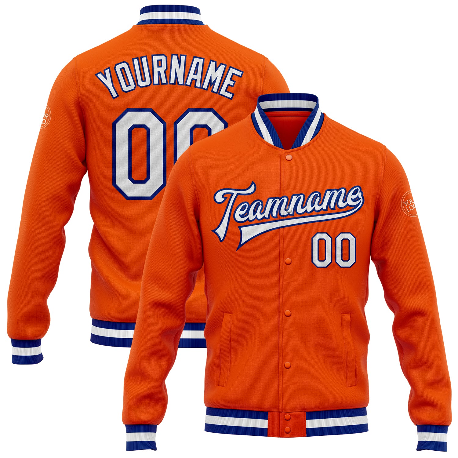 Personalized Orange White-Royal Bomber Full-Snap Varsity Letterman Jacket Team Custom Name and Number