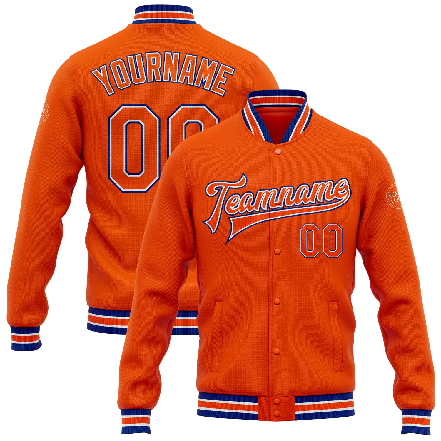 Personalized Orange White-Royal Bomber Full-Snap Varsity Letterman Jacket