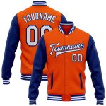 Personalized Orange White-Royal Bomber Full-Snap Varsity Letterman Two Tone Jacket Team Custom Name and Number