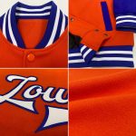 Personalized Orange White-Royal Bomber Full-Snap Varsity Letterman Two Tone Jacket Team Custom Name and Number
