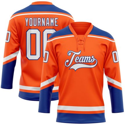 Personalized Orange White-Royal Hockey Lace Neck Jersey Team Custom Name and Number