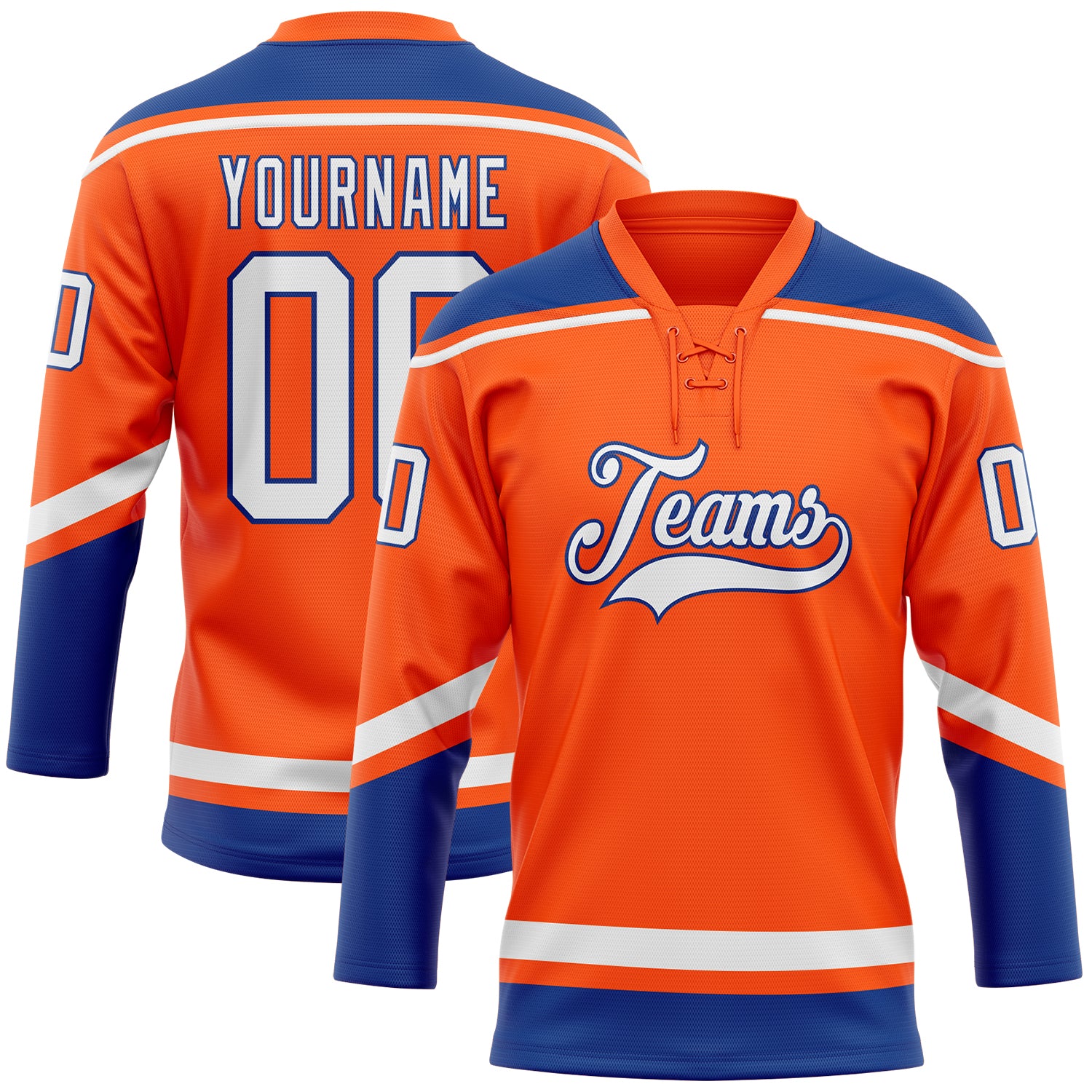Personalized Orange White-Royal Hockey Lace Neck Jersey Team Custom Name and Number