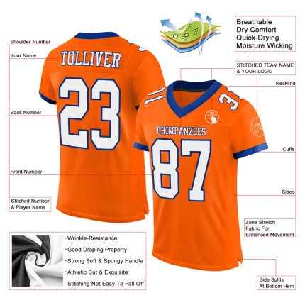 Personalized Orange White-Royal Mesh Authentic Football Jersey Team Custom Name and Number