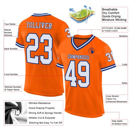 Personalized Orange White-Royal Mesh Authentic Throwback Football Jersey Team Custom Name and Number