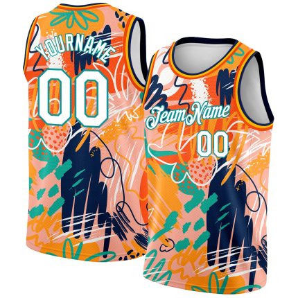 Personalized Orange White-Teal 3D Pattern Abstract Hawaii Plant Graffiti Grunge Art Authentic Basketball Jersey Team Custom Name and Number