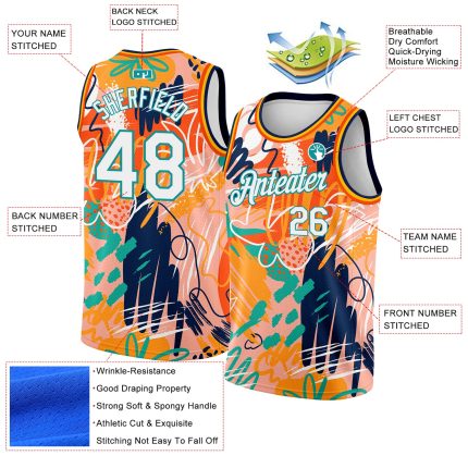 Personalized Orange White-Teal 3D Pattern Abstract Hawaii Plant Graffiti Grunge Art Authentic Basketball Jersey Team Custom Name and Number