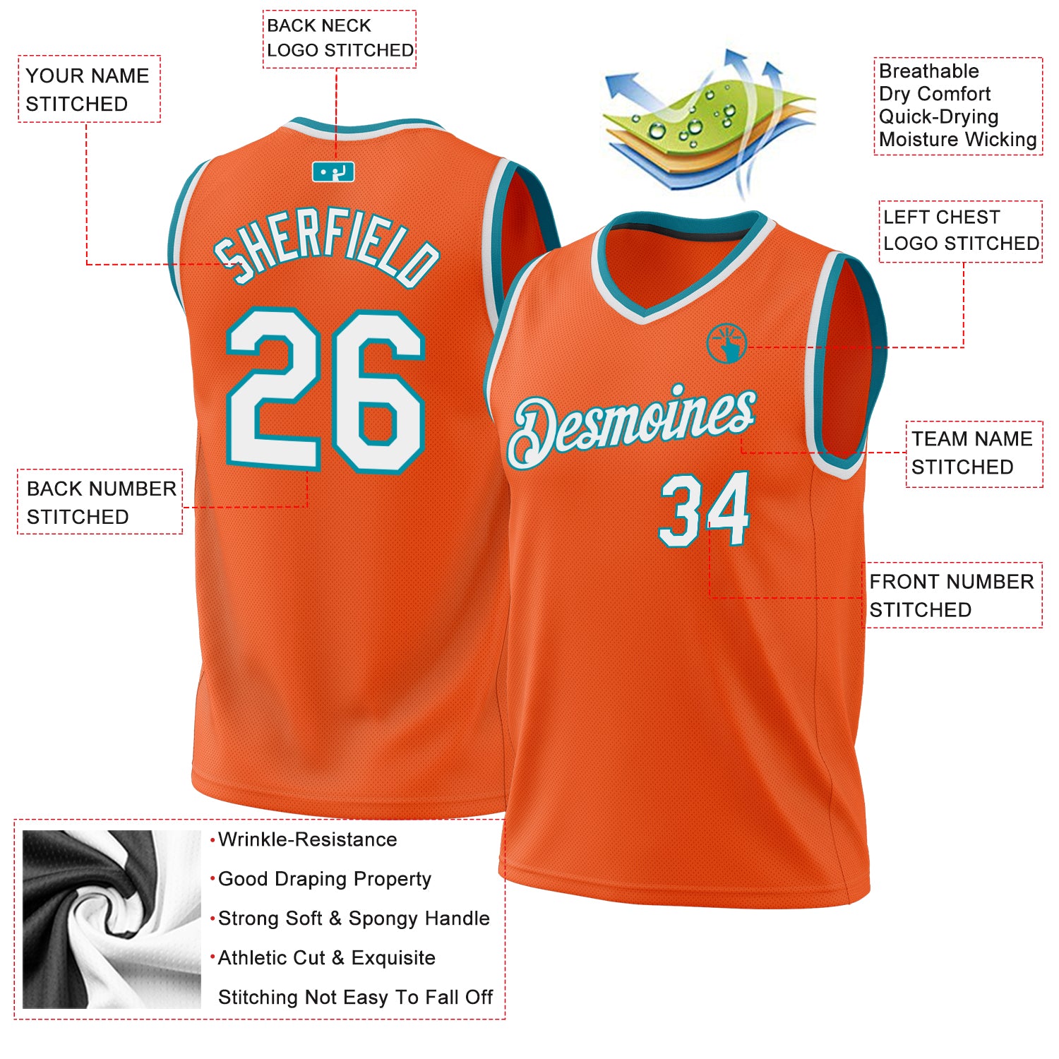 Personalized Orange White-Teal Authentic Throwback Basketball Jersey Personalized Orange White-Teal Authentic Throwback Basketball Jersey - Image 3