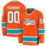 Personalized Orange White-Teal Hockey Jersey Team Custom Name and Number
