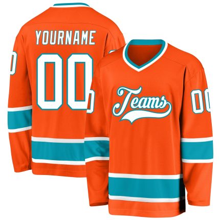 Personalized Orange White-Teal Hockey Jersey Team Custom Name and Number