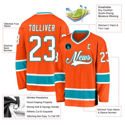 Personalized Orange White-Teal Hockey Jersey Team Custom Name and Number