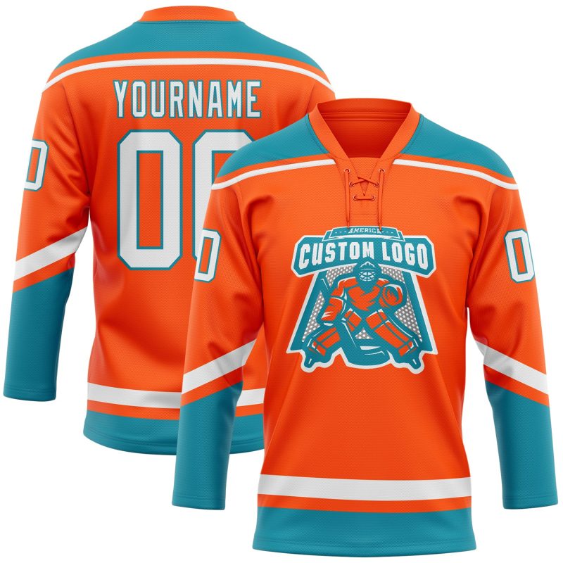 Personalized Orange White-Teal Hockey Lace Neck Jersey Team Custom Name and Number