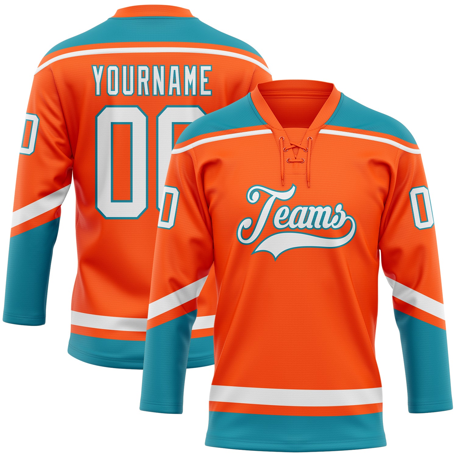 Personalized Orange White-Teal Hockey Lace Neck Jersey Team Custom Name and Number