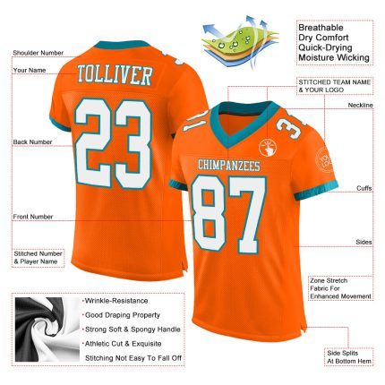Personalized Orange White-Teal Mesh Authentic Football Jersey Team Custom Name and Number