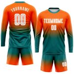 Personalized Orange White-Teal Sublimation Long Sleeve Fade Fashion Soccer Uniform Jersey Team Custom Name and Number