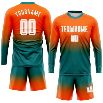 Personalized Orange White-Teal Sublimation Long Sleeve Fade Fashion Soccer Uniform Jersey Team Custom Name and Number