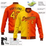 Personalized Orange Yellow-Black Bomber Full-Snap Varsity Letterman Gradient Fashion Jacket Team Custom Name and Number