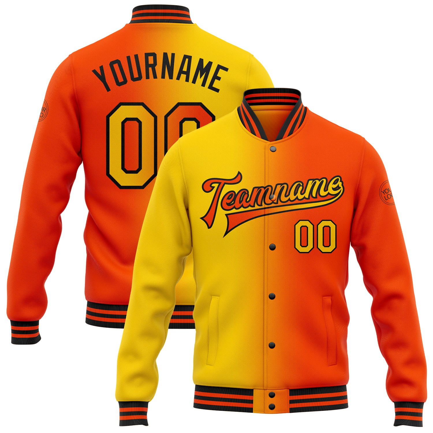 Personalized Orange Yellow-Black Bomber Full-Snap Varsity Letterman Gradient Fashion Jacket Team Custom Name and Number