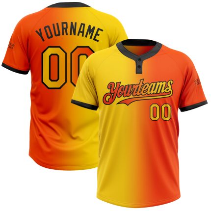 Personalized Orange Yellow-Black Gradient Fashion Two-Button Unisex Softball Jersey Team Custom Name and Number