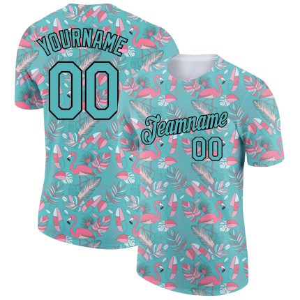 Personalized Panther Blue Black 3D Pattern Design Tropical Hawaii Flamingo Performance T-Shirt Team Custom Name and Number