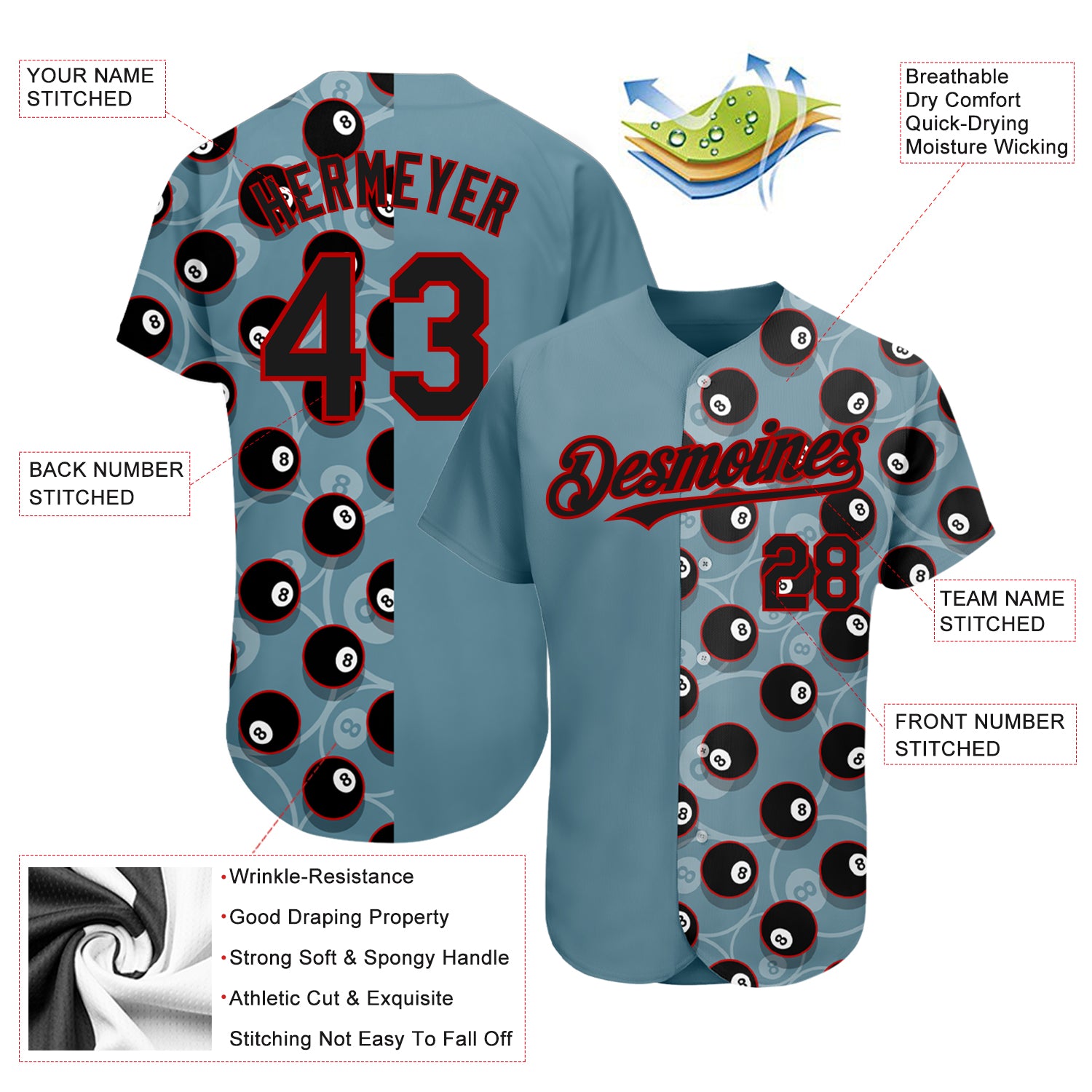 Personalized Panther Blue Black-Red 3D Pattern Design Billiards Snooker 8 Ball Authentic Baseball Jersey Team Custom Name and Number Personalized Panther Blue Black-Red 3D Pattern Design Billiards Snooker 8 Ball Authentic Baseball Jersey Team Custom Name and Number - Image 3