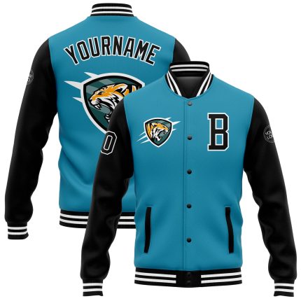 Personalized Panther Blue Black-White 3D Pattern Design Bomber Full-Snap Varsity Letterman Jacket Team Custom Name and Number