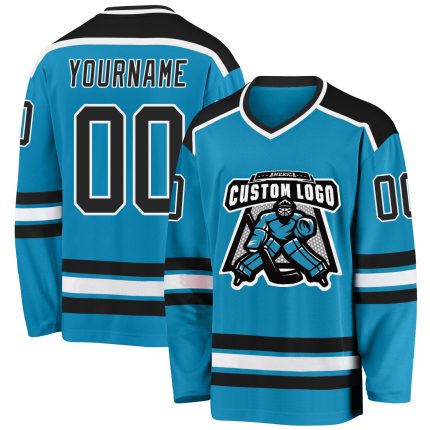 Personalized Panther Blue Black-White Hockey Jersey