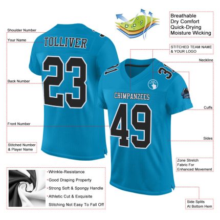 Personalized Panther Blue Black-White Mesh Authentic Football Jersey Team Custom Name and Number