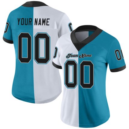 Personalized Panther Blue Black-White Mesh Split Fashion Football Jersey Team Custom Name and Number