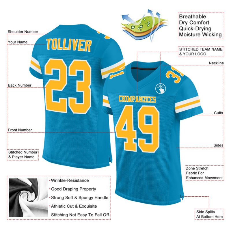 Personalized Panther Blue Gold-White Mesh Authentic Football Jersey Team Custom Name and Number