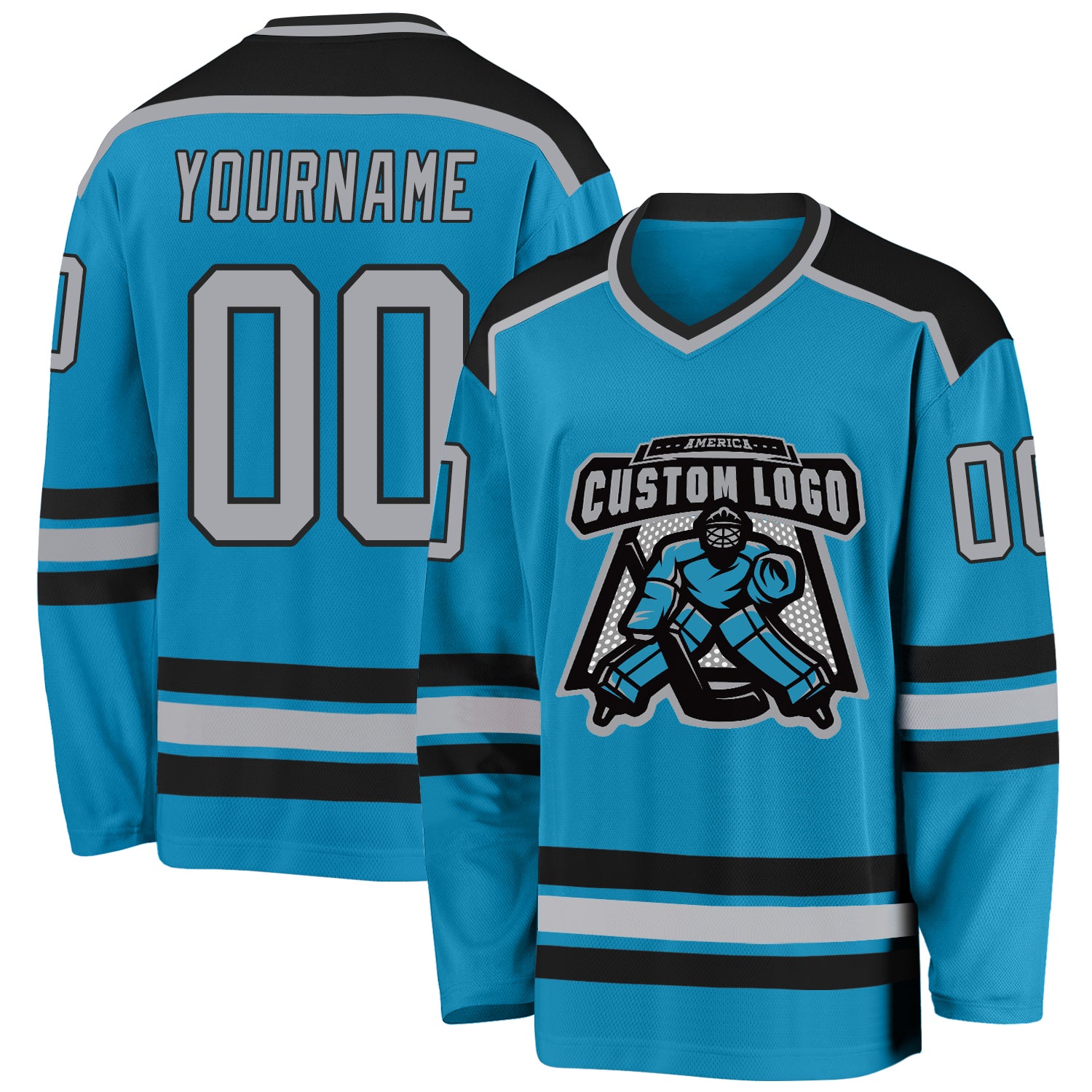 Personalized Panther Blue Gray-Black Hockey Jersey