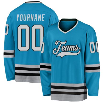 Personalized Panther Blue Gray-Black Hockey Jersey Team Custom Name and Number
