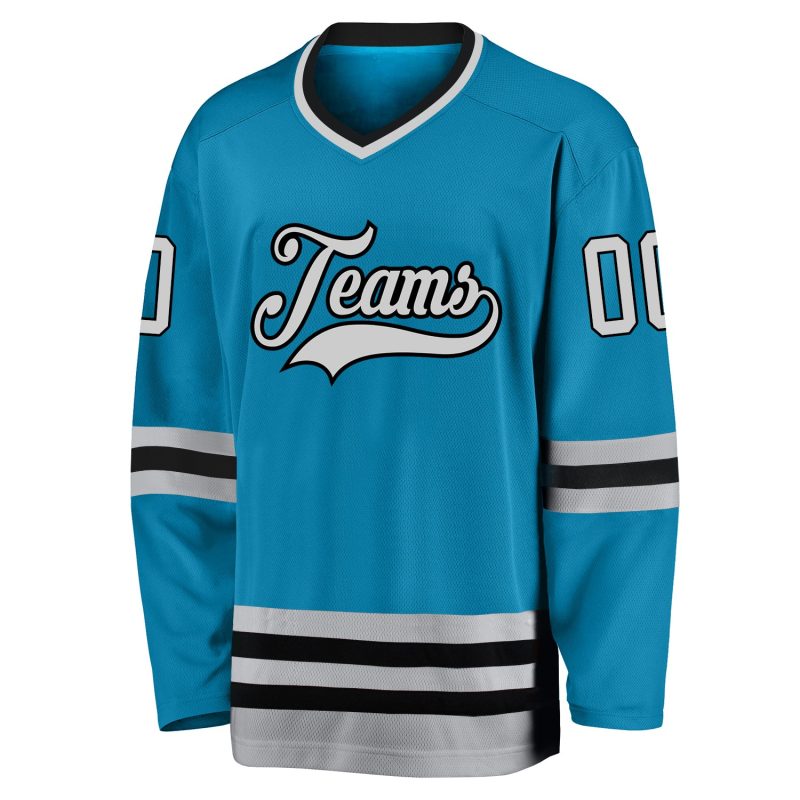 Personalized Panther Blue Gray-Black Hockey Jersey Team Custom Name and Number