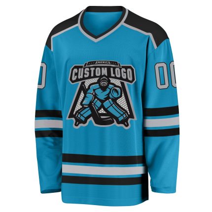 Personalized Panther Blue Gray-Black Hockey Jersey