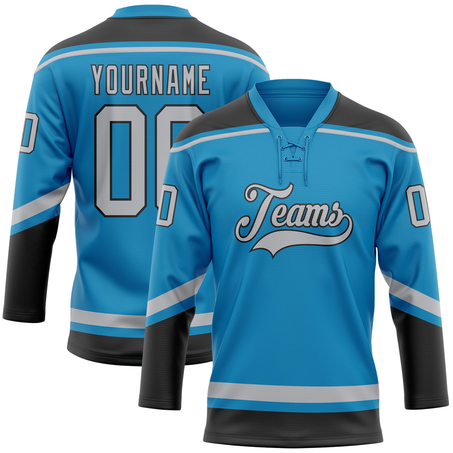 Personalized Panther Blue Gray-Black Hockey Lace Neck Jersey Team Custom Name and Number