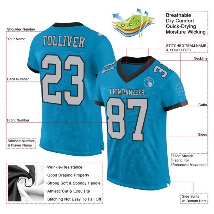 Personalized Panther Blue Gray-Black Mesh Authentic Football Jersey Team Custom Name and Number