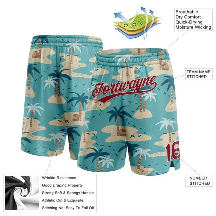 Personalized Panther Blue Maroon-City Cream 3D Pattern Beach Hawaii Palm Trees Authentic Basketball Shorts Team Custom Name and Number