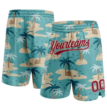 Personalized Panther Blue Maroon-City Cream 3D Pattern Beach Hawaii Palm Trees Authentic Basketball Shorts Team Custom Name and Number