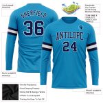 Personalized Panther Blue Navy-White Long Sleeve Performance T-Shirt Team Custom Name and Number