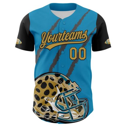 Personalized Panther Blue Old Gold-Black 3D Pattern Design Football Jaguar Helmet And Animal Claw Authentic Baseball Jersey Team Custom Name and Number