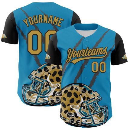 Personalized Panther Blue Old Gold-Black 3D Pattern Design Football Jaguar Helmet And Animal Claw Authentic Baseball Jersey Team Custom Name and Number