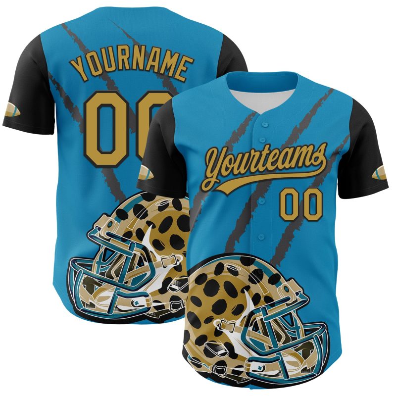 Personalized Panther Blue Old Gold-Black 3D Pattern Design Football Jaguar Helmet And Animal Claw Authentic Baseball Jersey Team Custom Name and Number