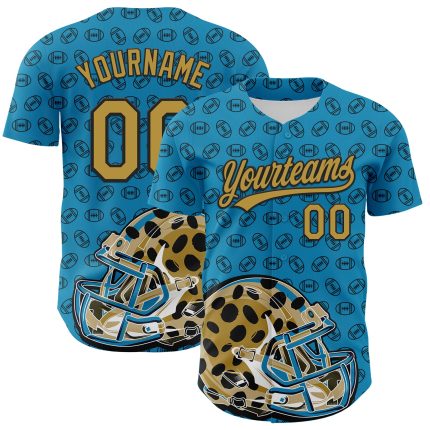 Personalized Panther Blue Old Gold-Black 3D Pattern Design Football Jaguar Helmet And Ball Authentic Baseball Jersey Team Custom Name and Number