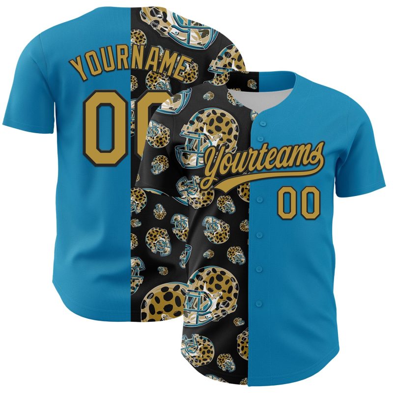 Personalized Panther Blue Old Gold-Black 3D Pattern Design Football Jaguar Helmet Authentic Baseball Jersey Team Custom Name and Number