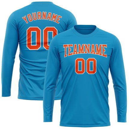 Personalized Panther Blue Orange-White Long Sleeve Performance T-Shirt Team Custom Name and Number
