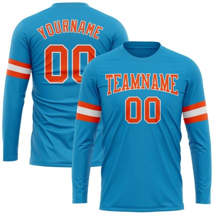 Personalized Panther Blue Orange-White Long Sleeve Performance T-Shirt Team Custom Name and Number