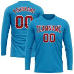 Personalized Panther Blue Red-White Long Sleeve Performance T-Shirt Team Custom Name and Number