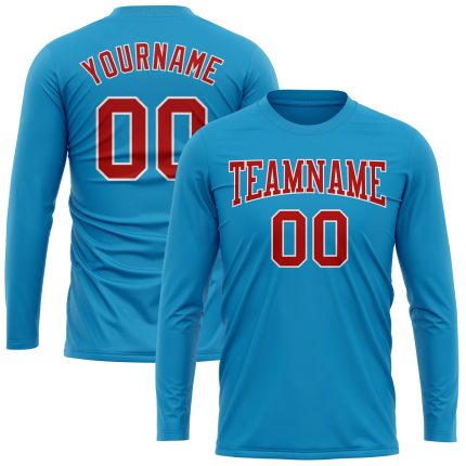 Personalized Panther Blue Red-White Long Sleeve Performance T-Shirt Team Custom Name and Number