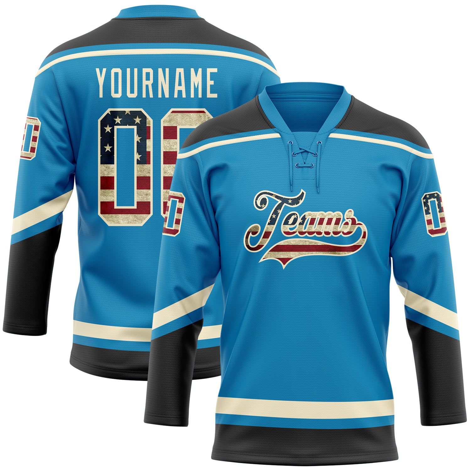 Personalized Panther Blue Vintage USA Flag Black-Cream Hockey Lace Neck Jersey Team Custom Name and Number