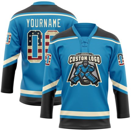 Personalized Panther Blue Vintage USA Flag Black-Cream Hockey Lace Neck Jersey Team Custom Name and Number