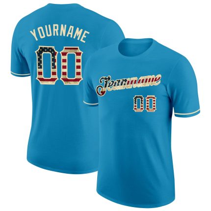 Personalized Panther Blue Vintage USA Flag-City Cream Performance T-Shirt Team Custom Name and Number